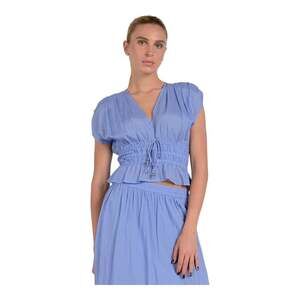 Elan Periwinkle V-Neck Smocked Waist Top with Ruffle Hem, Small